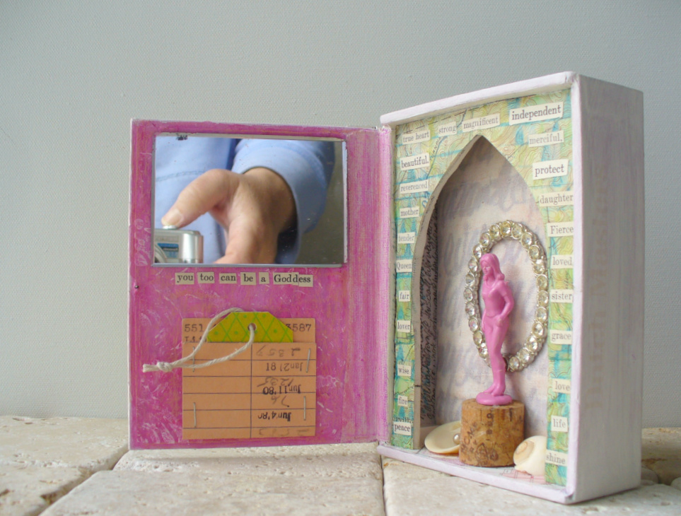 3d assemblage art piece with mirror shells rhinestones pink plastic toy vintage library card