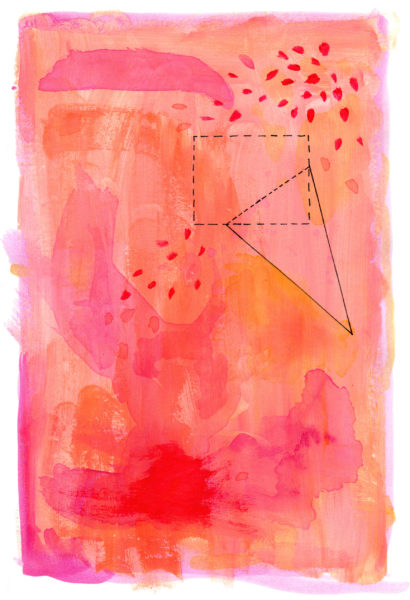 orange red and pink watercolor abstract with geometric lines