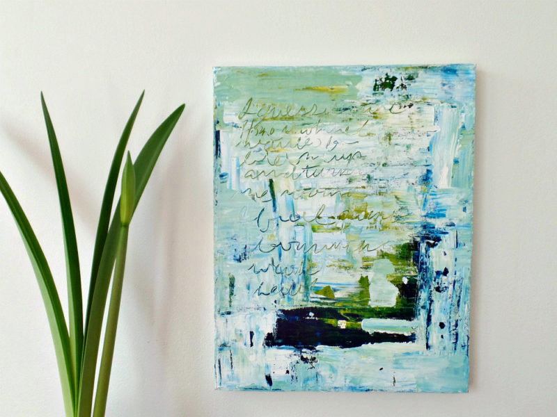 blue abstract painting by messy bed studio