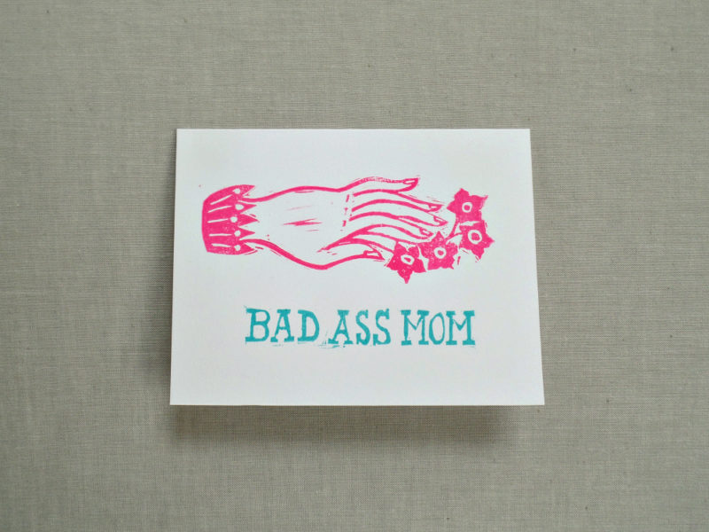 bad ass mom hand printed mothers day card by messy bed studio