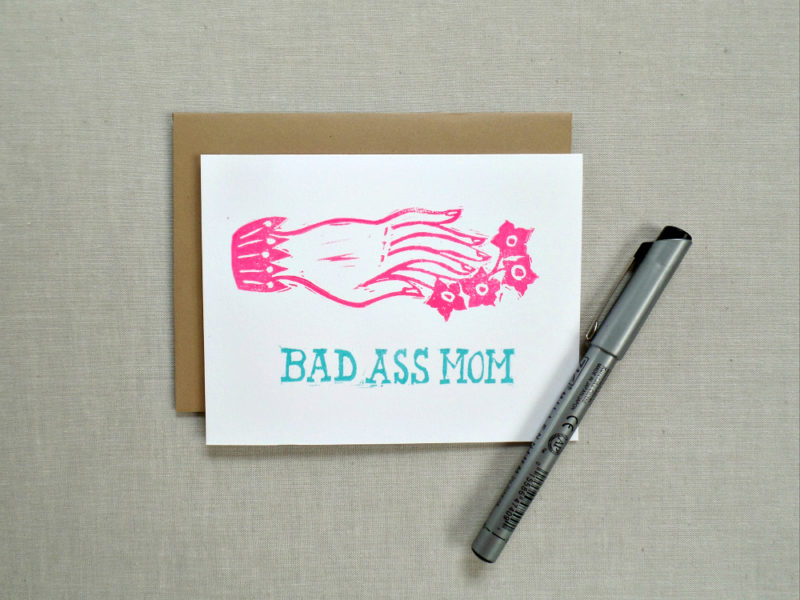 bad ass mom card for mothers in pink and blue with kraft envelope by messy bed studio