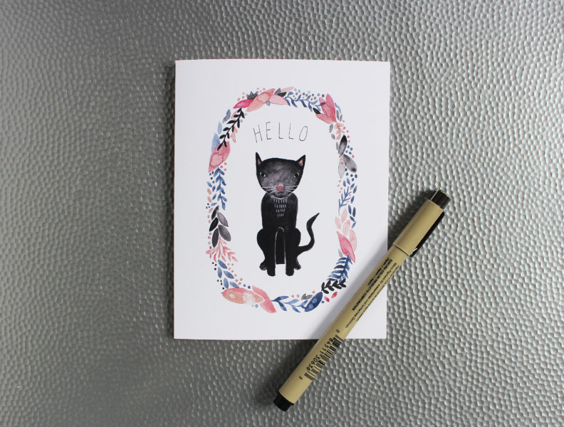 hello note card in navy and blush