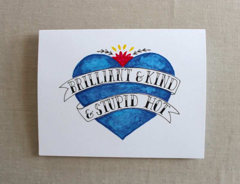 brilliant and kind card in blue painted old school tattoo heart