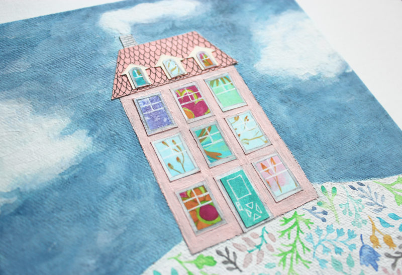 view of textured and collaged house elements on original art painting