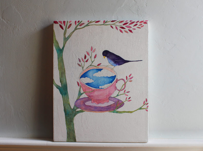 original painting with a teacup and bird in tree branches