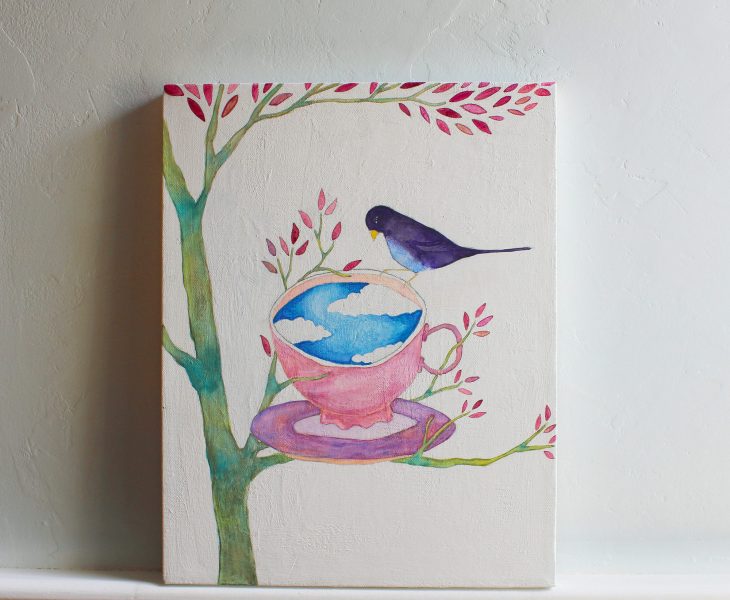 teacup and bird original painting