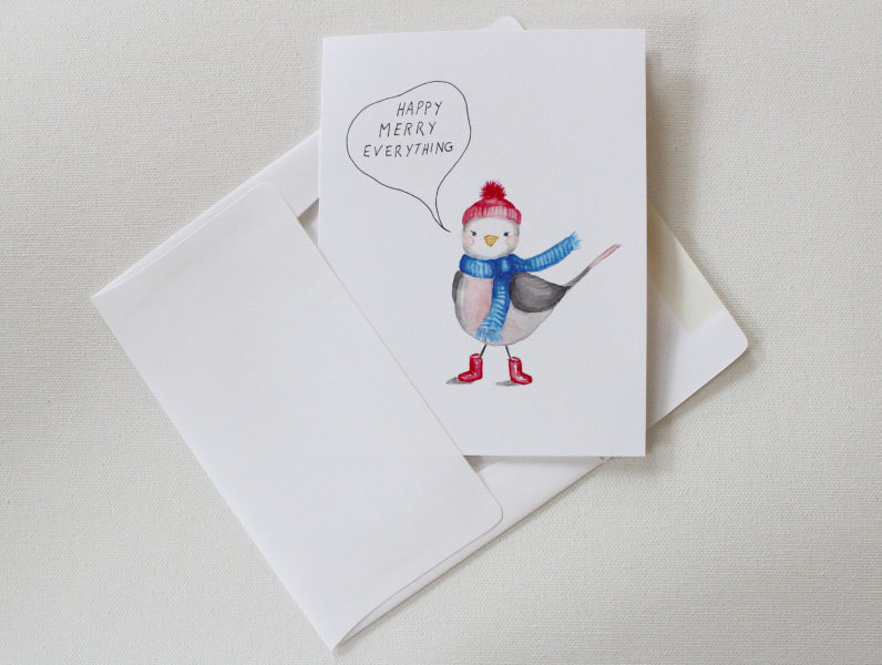cute bird with hat and scarf holiday card in envelope