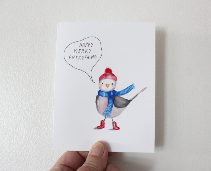 cute bird christmas card that says happy merry everything