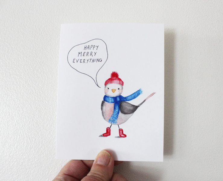 cute bird christmas card with the words happy merry everything