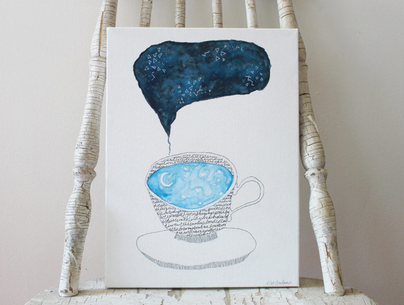 teacup full of sky resting on chair