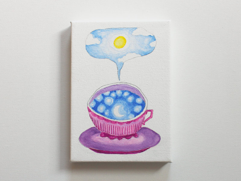 teacup full of sky series with crescent moon and sun and clouds