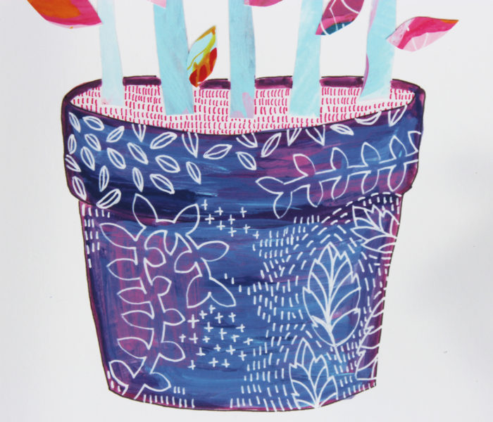 close up of purple pot with white ink details