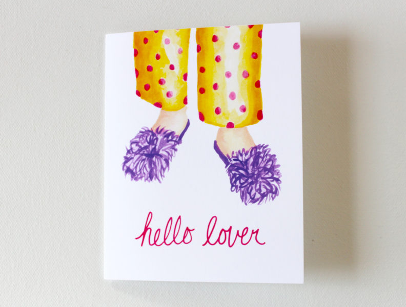 funny romantic card anniversary card with the words hello lover and an image of fluffy slippers and polka dot pajamas