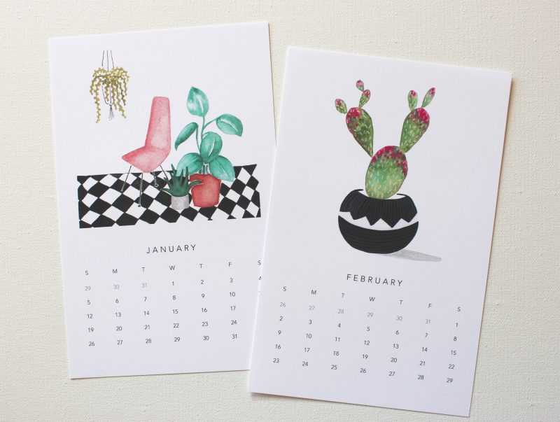 January and February pages of the 2021 plant lovers calendar with illustrations of a cactus and a pink chair on a black and white floor with potted plants by messy bed studio