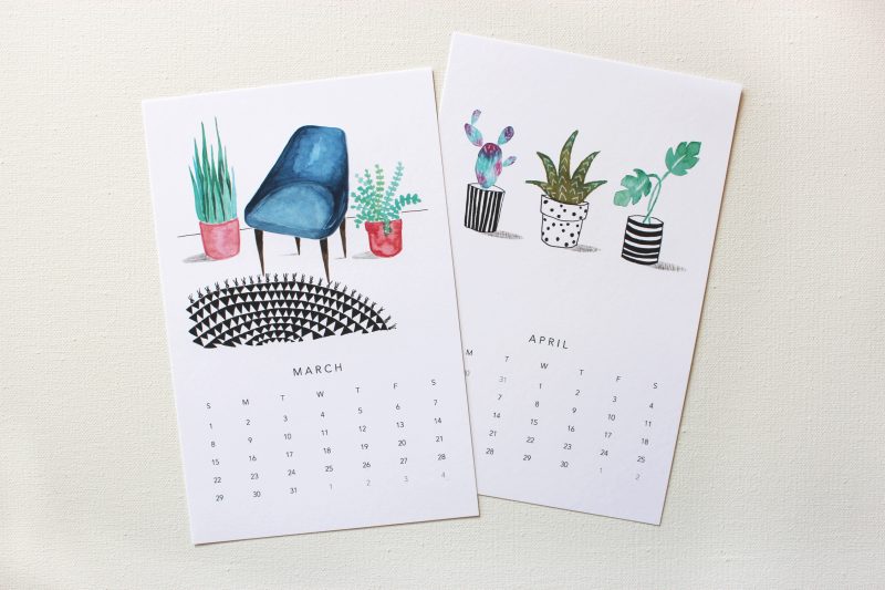 2021 plant lovers calendar March and April months showing quirky watercolors of plants and a blue chair and black and white rug by messy bed studio