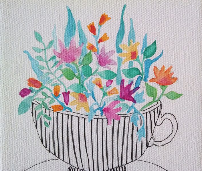 close up details of original flower watercolor painting in pinks, oranges and green in a black and white striped teacup by messy bed studio