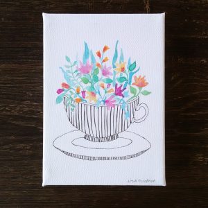 flower watercolor painting with flowers in a teacup by messy bed studio