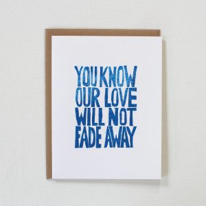 hand printed not fade away cards in blue ink with kraft envelope by messy bed studio