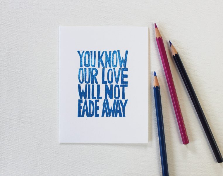 not fade away cards in blue ink shown with colored pencils by messy bed studio
