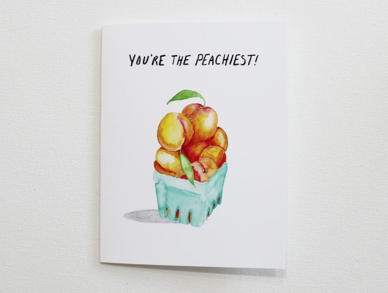 You're the peachiest thank you card with a bunch of watercolor painted peaches in a mint green quart container