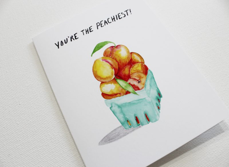angled view of you're the peachiest thank you card with watercolor peaches in a quart container