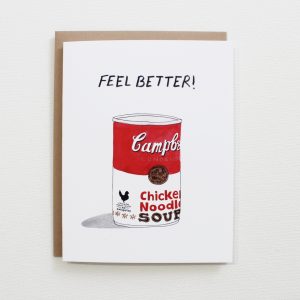 campbell's chicken noodle soup can painted in watercolors with the words feel better on a funny get well card