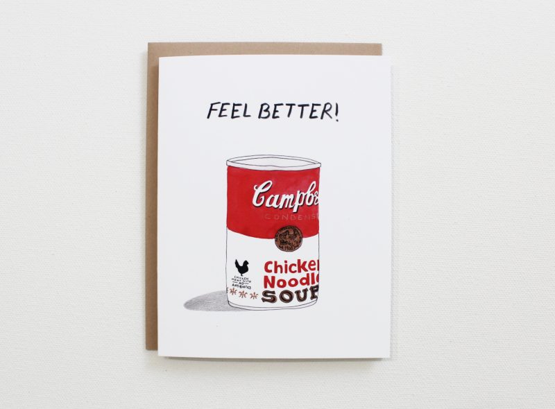 campbell's chicken noodle soup can painted in watercolors with the words feel better on a funny get well card