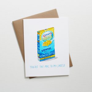 you're the mac to my cheese anniversary card with watercolor painted box of kraft macaroni and cheese shown with envelope