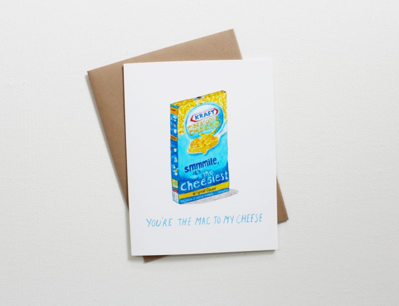 you're the mac to my cheese anniversary card with watercolor painted box of kraft macaroni and cheese shown with envelope