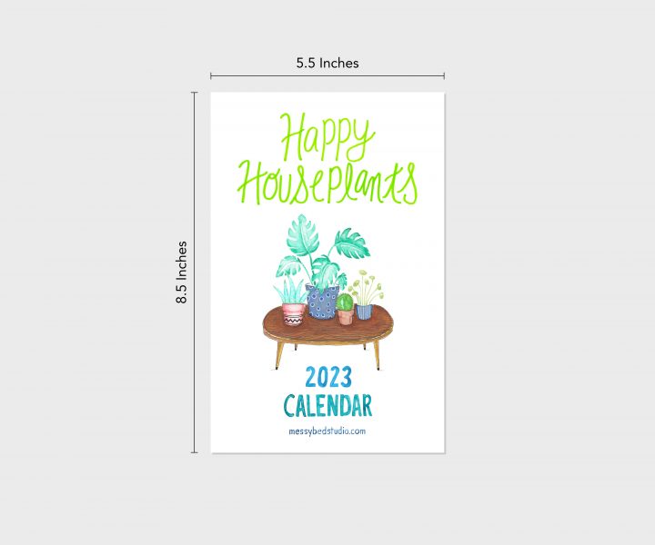 Cover of houseplants calendar 2023 with measurements for size