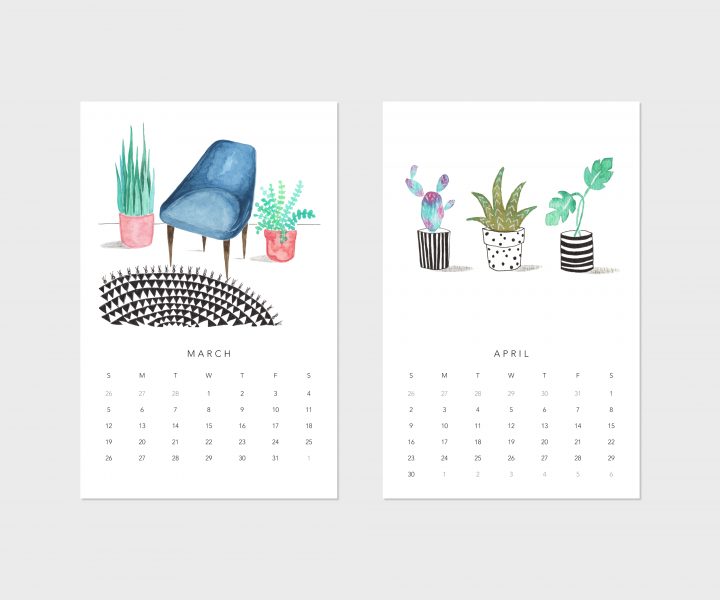 March and April pages of houseplants calendar 2023