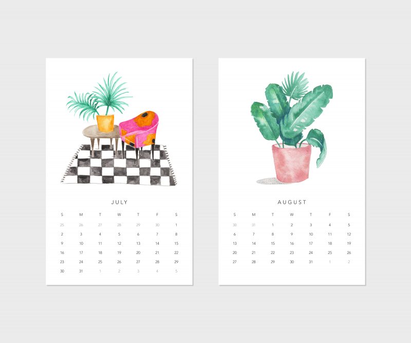 July and August pages of the houseplants calendar for 2023